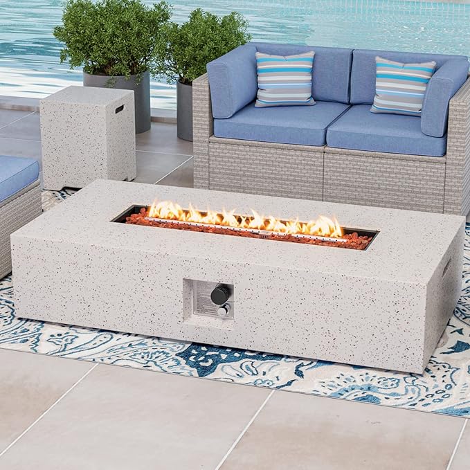 COSIEST 2-Piece Outdoor Propane Fire Table Set, Rectangle Concrete 56" Rectangular Fire Pit, Certified, 50,000 BTU, w 20lb Tank Table,Waterproof Cover for Garden, Porch, Backyard