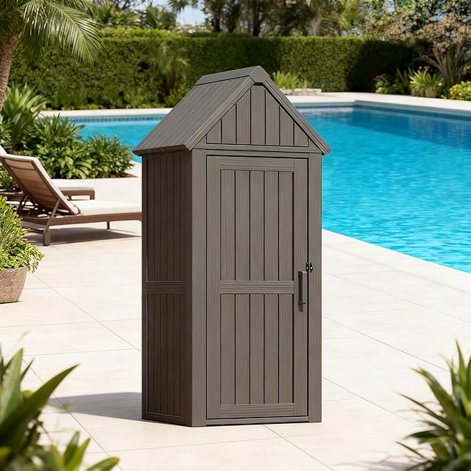 Outdoor Storage Shed with Removable Shelves, Waterproof Resin Outdoor Storage Cabinet for Small Patio, Balcony, Backyard, Vertical Storage Shed with 12 Hooks for Garden Tools, Grilling Supplies, Gray