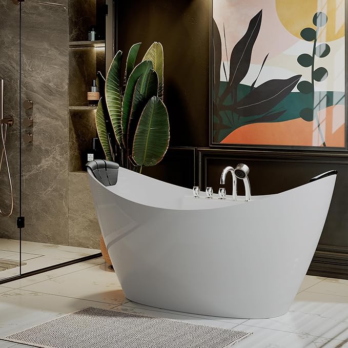 Empava Whirlpool Bathtub, 67-Inch Freestanding Bathtub Oval with 8 Hydromassage Adjustable Water Jets Luxury Acrylic Massage SPA Soaking Bath Tub in Double Ended, White