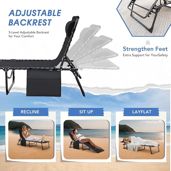 Flamaker Foldable Chaise Lounge Chair 5-Position Adjustable, Tanning Chair with Side Pocket, Outdoor Sunbathing for Pool, Beach, Patio, Lawn, Indoor Recliner Chair for Napping(Black, 1 Pcs)