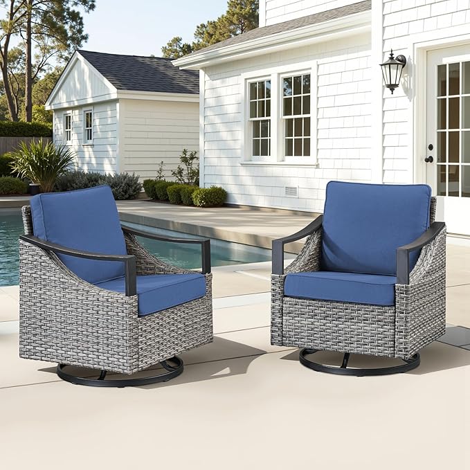 Swivel Outdoor Rocker Patio Chairs - Outdoor Swivel Rocking Chairs Set of 2, Wicker Chair Outdoor Patio Furniture Sets with Removable Cover Thick Cushions for Porch Balcony Deck Gray/Blue