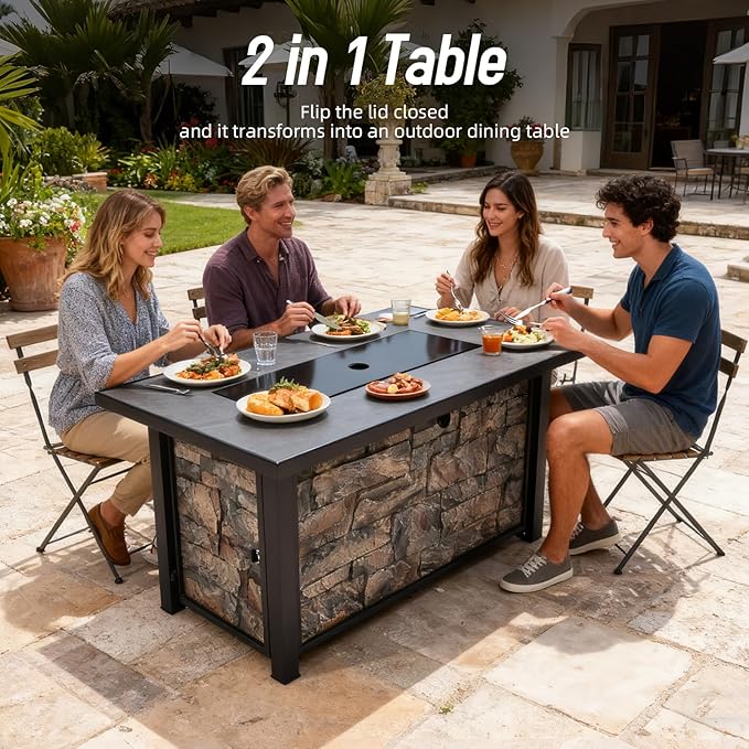 48 x 24 Inch Ceramic Tabletop Propane Fire Pit, 50000 BTU Fire Table with Metal Lid,Lava Rocks & Waterproof Cover, for Outside Patio, Deck, Garden&Backyards, Wide Top Surface, Christmas
