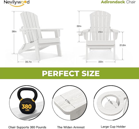 nevilywood Folding Adirondack Chair - Extended Ergonomic Backrest, Cup Holder - Easy Assembly - Durable HDPE Plastic, Weather Resistant & Maintenance-Free - Lawn, Patio, Deck Supports 380lbs White