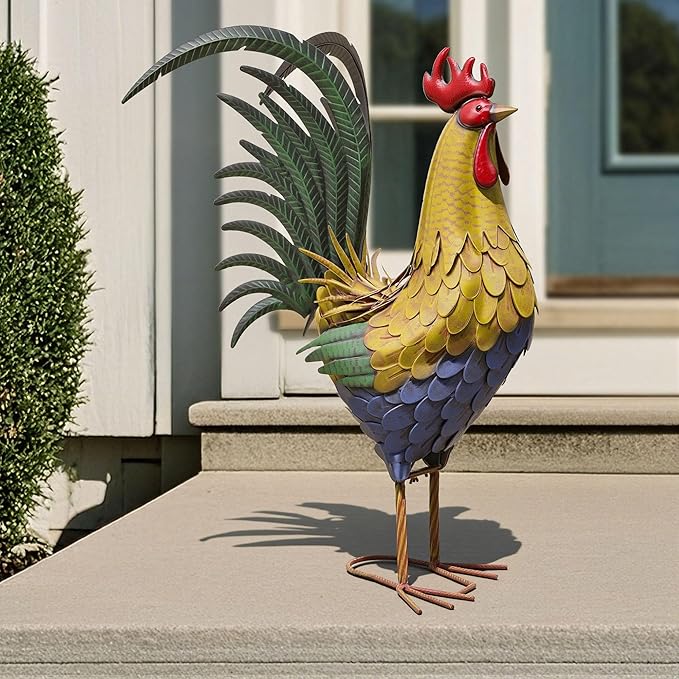 Ultym 32" Metal Rooster Decor, Large Outdoor Garden Statues, Metal Chicken Sculpture for Backyard Patio Kitchen Decor