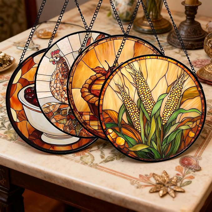 AMDERVEN Stained Glass Window Hanging 4 Pcs Set Brown Turkey Berry Corn Large 11.8" - Suncatcher Door Garden Sun Catcher Decor Birthday Thanksgiving Mother's Day for Mom Woman Nana Men