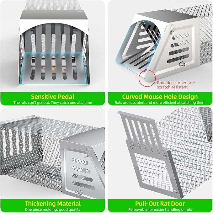2025 Humane Rat Trap Outdoor Rodent Traps Humane Mouse Trapss Indoor Squirrel Trap,Sensitive Pedal Trigger,Metal Rat Live Animal Traps for Voles,Rodents,Mice,Moles,Chipmunk (Include Gloves&Clamps)
