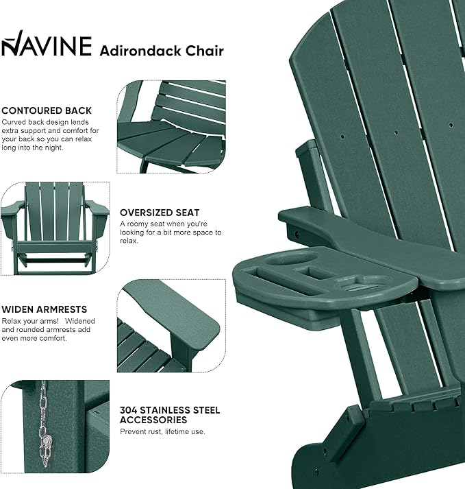 Adirondack Chair, HDPE Folding Adirondack Chair with Multifunctional Cup Holder, Weather Resistant Fire Pit Chair for porches, patios, patios, poolsides, Decks.