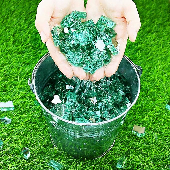 Grisun Green Fire Glass for Fire Pit 10 Pounds - 1/2 Inch High Luster Reflective Tempered Glass Rocks for Natural or Propane Fireplace, Safe for Outdoors and Indoors Firepit Glass