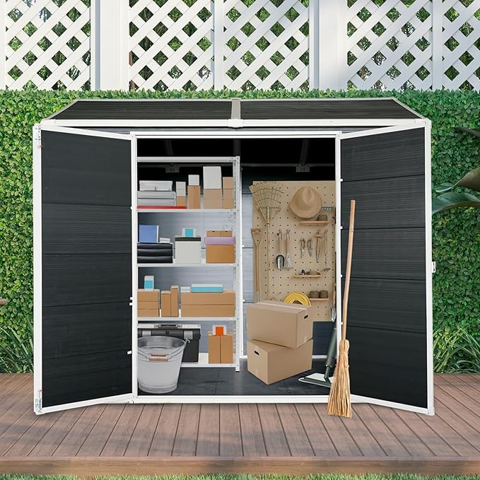 8x6 ft Outdoor Resin Storage Shed with Floor, Waterproof Plastic Garden Shed with Lockable Door and Two Windows, All-Weather Tool Sheds for Backyard, Patio, Lawn (Black)
