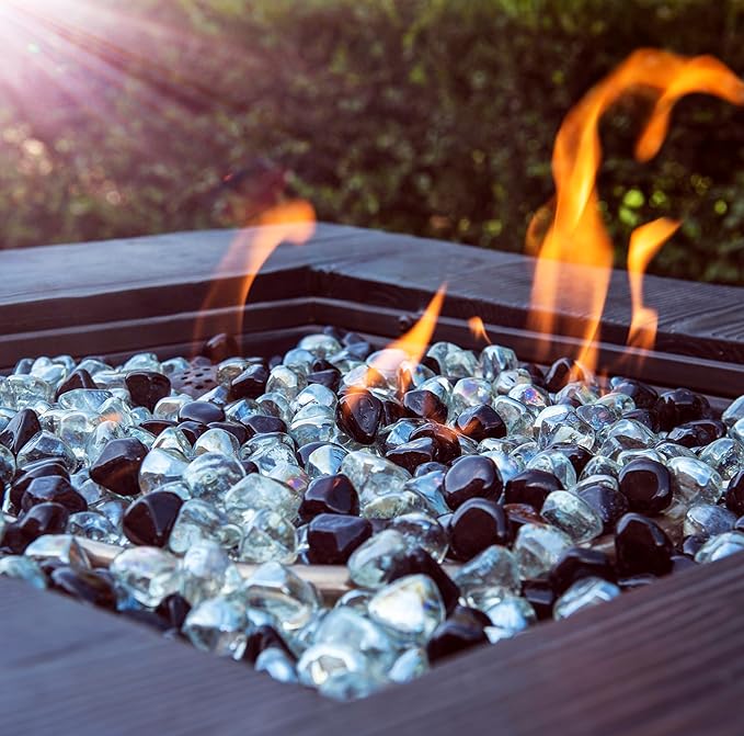 Fire Glass Diamond 1 Inch Fire Pit Glass Rocks for Propane or Gas Fire Pit 20 Pounds White/Onyx Black Blend