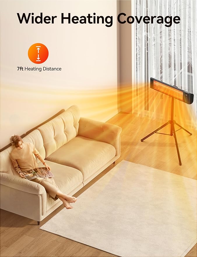 VAGKRI Outdoor Heaters, 1s Heating Electric Infrared Patio Heaters with Remote, IP65 Waterproof, 12H Timer, 3 Heat Levels, Electric Wall Heaters with Tripod Stand for Home, Office, Patio and Garage
