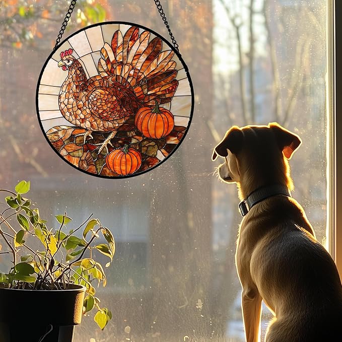 AMDERVEN Stained Glass Window Hanging 4 Pcs Set Brown Turkey Berry Corn 7.8" - Suncatcher Door Garden Sun Catcher Decor Birthday Thanksgiving Mother's Day for Mom Woman Nana Men