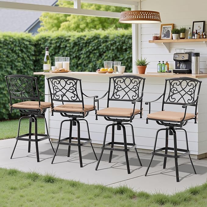 Crestlive Products Outdoor Bar Stools with Sunbrella Cushion Set of 4, 360° Swivel Patio Bar Height Chairs, All Weather Heavy Duty Commercial Grade Furniture, Antique Brown Finish for Outside (Beige)