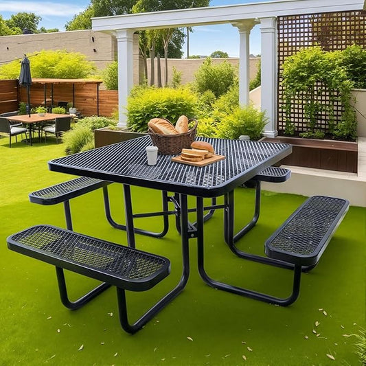 46" Square Top Outdoor Picnic Table Set for Up to 8 Persons, Outside Table Set with 4 Built-in Benches, Metal Commercial-Grade Dining Furniture with Umbrella Hole for Garden, Backyard, Porch, Patio
