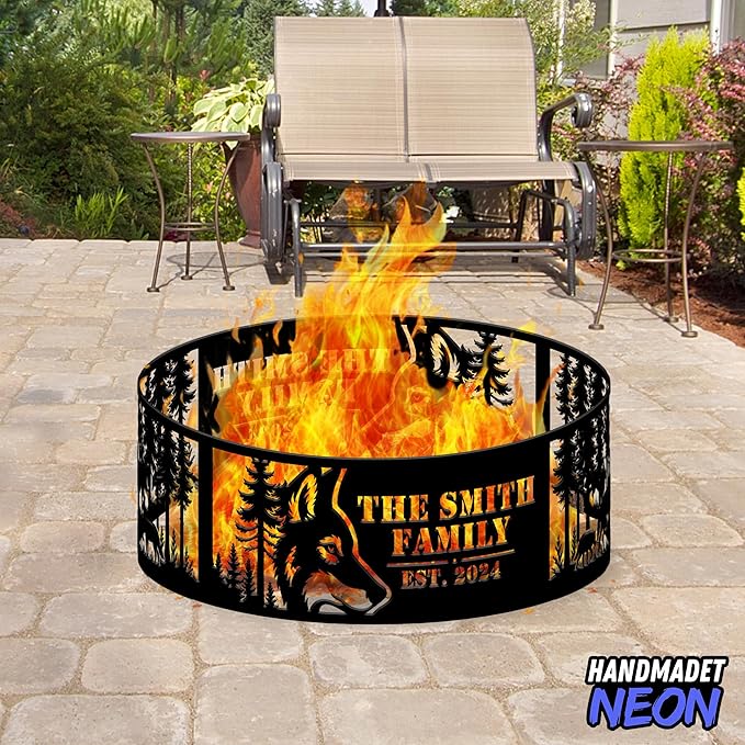 Personalized Fire Pit Ring 360 Degree, Outdoor Fireplace, Custom Text Fire Pits for Outside, Patio Firepit, Camping Bonfire Firepits, Garden BBQ Backyard Decor (Wolf)