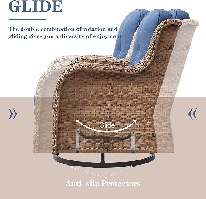 Belord Wicker Outdoor Furniture Patio Furniture Set - 6 Piece Patio Conversation Set with Swivel Rocker Chairs, Rattan Sofa, Ottomans and Coffee Table, Blue Cushion
