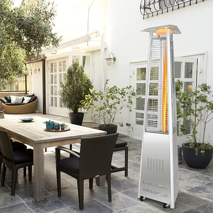 Tangkula Patio Propane Heater, 42,000 BTU Pyramid Outdoor Heater with Tip-Over and Flameout Protection, Quartz Glass Tube, Wheels