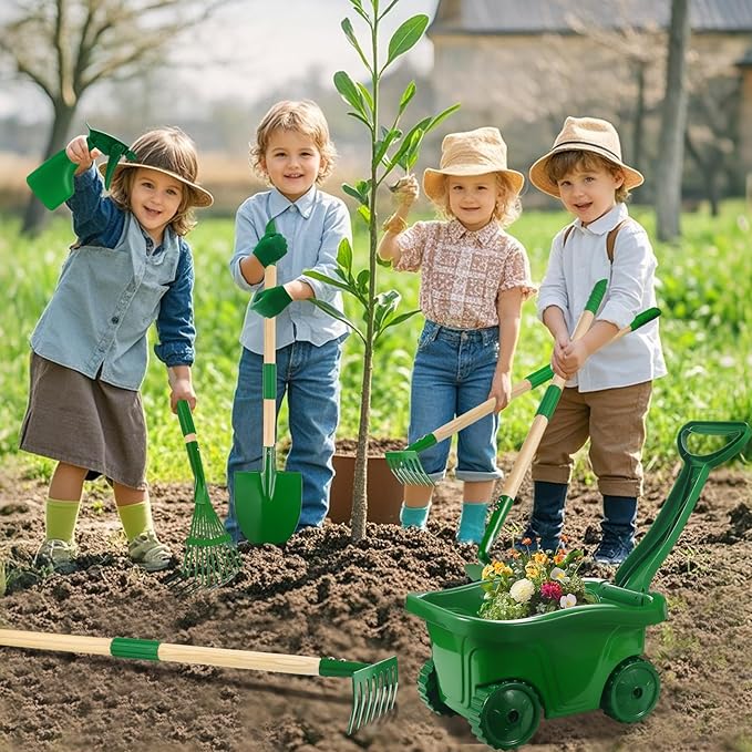 Duckura Kids Gardening Tools Set - 10pcs Wheelbarrow Set for Kids with Shovel, Rake, Leaf Rake, Summer Outdoor Yard Digging Weed Toys, Valentine's Birthday Gifts for Boys Girls Age 2 3+ Years(Green)