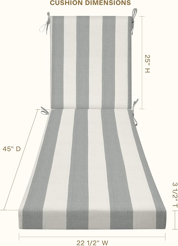 Honeycomb Outdoor Heritage Chaise, 22.5" W x 70" L, Cabana Stripe Stone Grey Chair Cushion for Patio Furniture