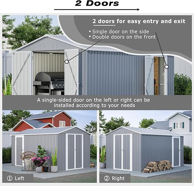8x12 FT Metal Outdoor Storage Shed with Adjustable Side Door & Lockable Double Doors, Aluminum Frame, Weatherproof Tool Shed with Floor Frame for Garden, Backyard & Equipment Storage