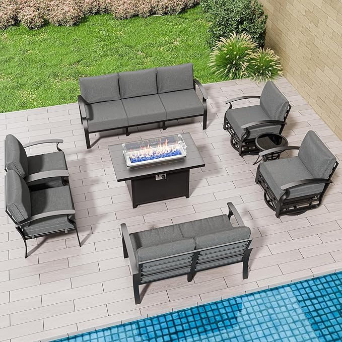 Aluminum Patio Furniture Set with Fire Pit Table, 9 Seats Outdoor Patio Conversation Set with Swivel Chair Modern Metal Patio Sectional Sofa with Upgrade Cushions for Patio, Backyard (Grey)