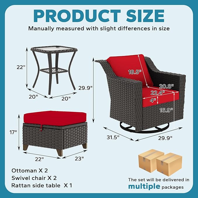 5 Pieces Patio Conversation Furniture Set - Swivel Chairs with Ottomans Set of 2, 1 Side Table, Outdoor Wicker Furniture Set with Washable Cushions for Porch, Balcony, Sunroom (Red)