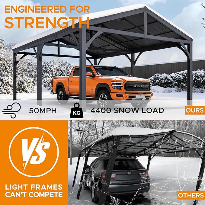 SUNJOY Carport 14 ft. x 20 ft. Hardtop Gazebo Heavy Duty Garage Car Shelter with Brown Powder-Coated Steel Roof/Black Frame and 2 Ceiling Hooks, Shade for Backyard, Patio Lawn and Garden
