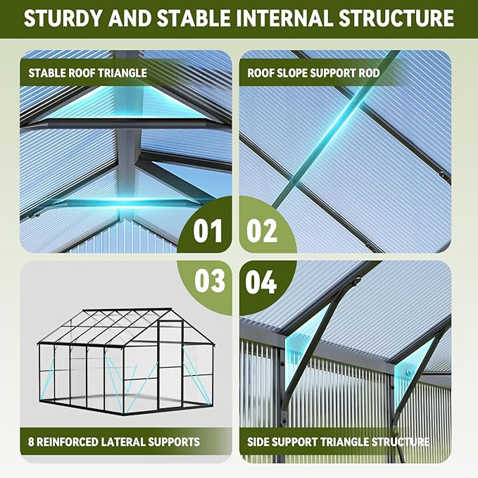 8X10 FT Greenhouse for Outdoors with Thermometers, Polycarbonate Walk-in Green House for Outside, Reinforced Aluminum Frame Greenhouses, Heavy Duty Garden, Patio, Backyard Flower Planting
