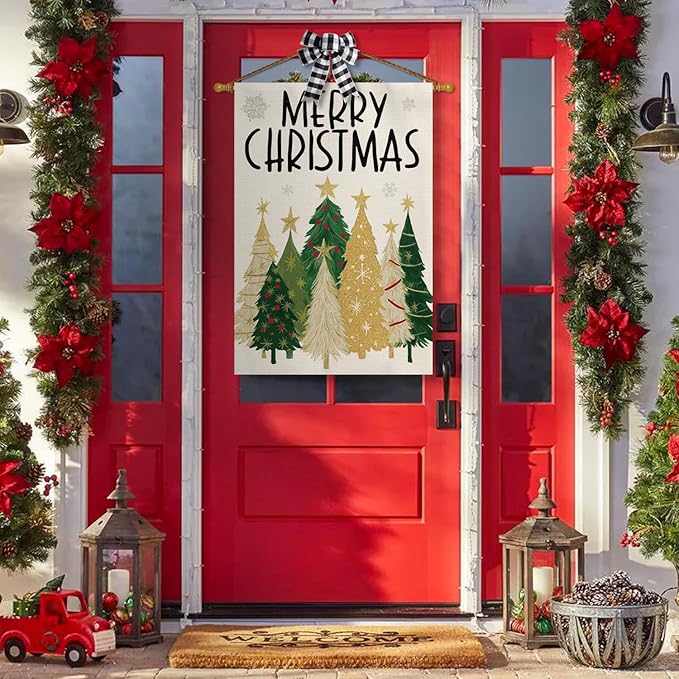 AVOIN colorlife Merry Christmas House Flag 28x40 Inch Double Sided Outside, Christmas Trees Winter Holiday Yard Outdoor Flag