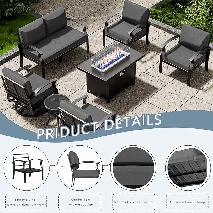 Aluminum Patio Furniture Set with Fire Pit Table, 6 Seats Outdoor Patio Conversation Set with Swivel Chair Modern Metal Patio Sectional Sofa with Upgrade Cushions for Patio, Backyard Grey.