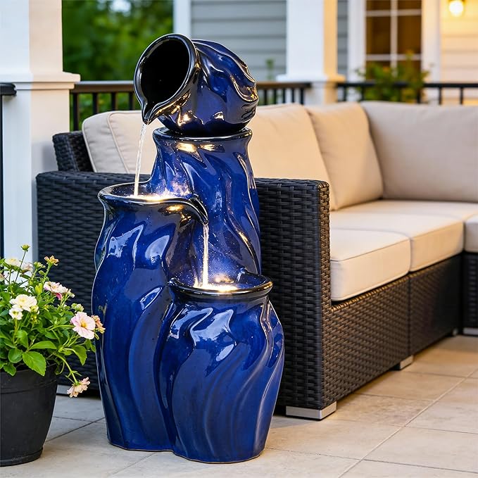 Ultym 29" Ceramic Outdoor Water Fountain, Sleek Cobalt Blue 4-Tier Stacked Waterfall with Wave Design, Weather-Resisant for Garden Patio Yard Porch Decor, Creates Relaxing Serene Oasis