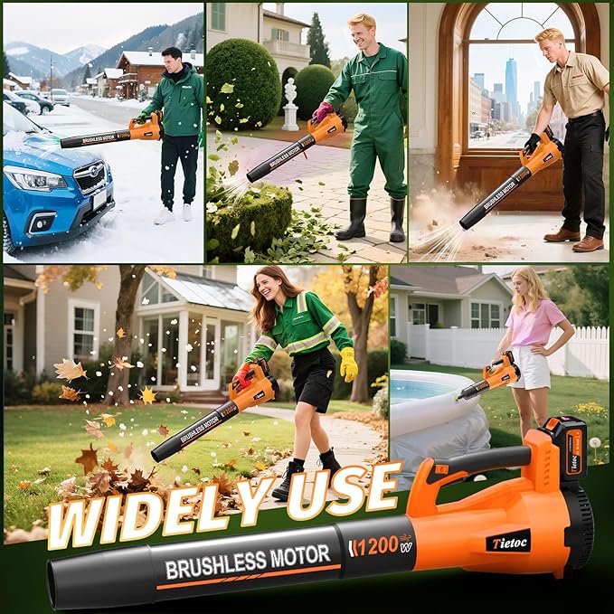 Tietoc Leaf Blower Cordless, 1200W Brushless Electric Leaf Blower with 2 X 5.0Ah Battery, 6 Speed Powerful Leaf Blowers for Garden, Patio, Lawn Care, Gift for Men Dad Husband Fathers Gardener (Orange)