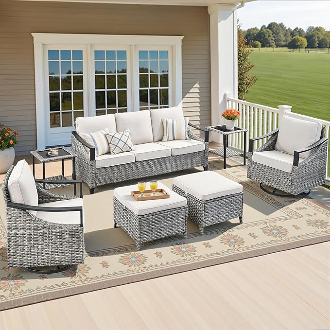 7 Pieces Patio Furniture Sets - High Back Outdoor Sectional Couch with Wicker Swivel Rocker Chairs, Rattan Ottomans with Side Table, Patio Conversation Set for Deck Garden Porch Balcony Gray/Beige