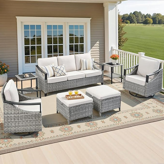 7 Pieces Patio Furniture Sets - High Back Outdoor Sectional Couch with Wicker Swivel Rocker Chairs, Rattan Ottomans with Side Table, Patio Conversation Set for Deck Garden Porch Balcony Gray/Beige