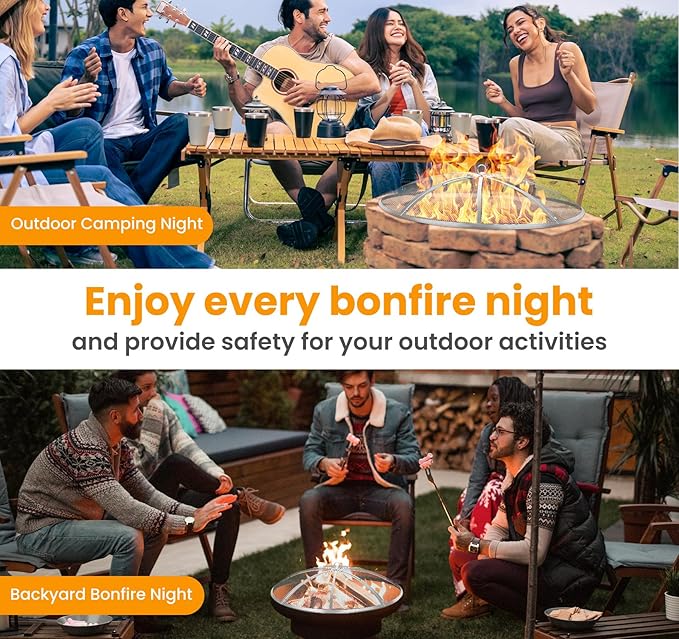 Fire Pit Spark Screen 27 Inch Round, Heavy Duty Stainless Steel Outdoor Fire Pit Screen Cover with Foldable Hook & Fire Safety Gloves, Mesh Spark Protector for Backyard, Camping, Beach