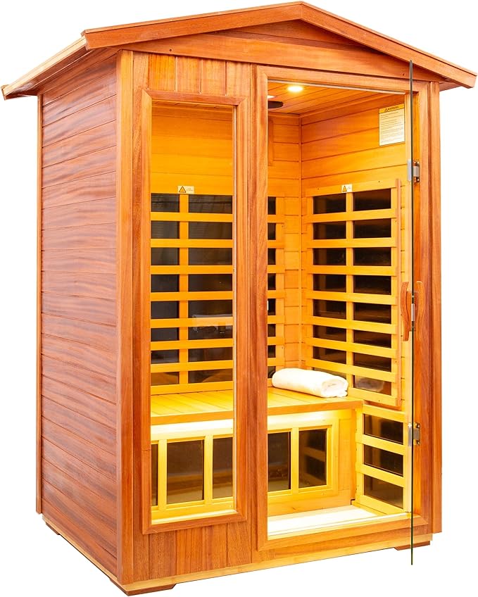 LTCCDSS Ultra-Low EMF Outdoor Sauna 2 Person, Mahogany Far Infrared Sauna for Home EMF Average 0.5 mG, Withstand Outdoor Temp -10℉-149℉ Chromotherapy, Bluetooth Speaker