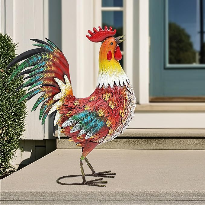 Autodaya 21" Metal Rooster Yard Decor, Outdoor Garden Statues, Metal Chicken Sculpture for Backyard Patio Kitchen Decor