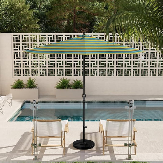 California Umbrella 9' Rd Aluminum Patio Umbrella, Crank Lift, Auto Tilt, Black Finish, Sunbrella Astoria Lagoon