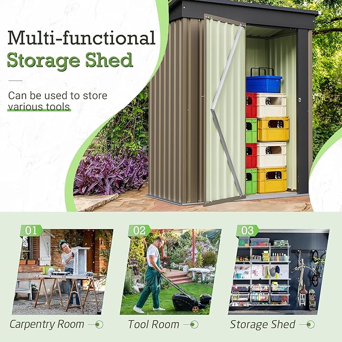 Furniwell 5x3 FT Outdoor Storage Shed, Metal Garden Sheds Outdoor Storage House with Single Lockable Door for Backyard Patio Lawn, Brown