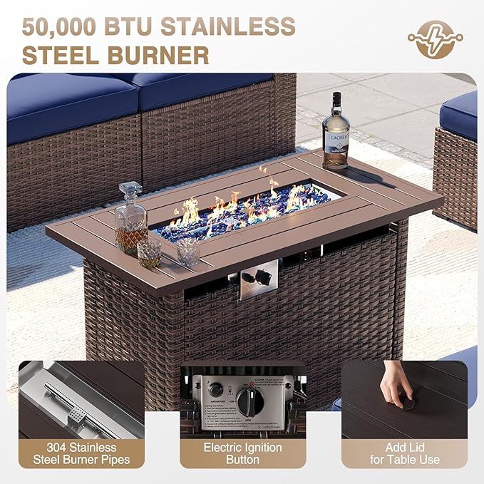 Aoxun Patio Furniture Sets, 8-Piece Outdoor Patio Furniture with 44'' Propane Gas Firepit Table, Wicker Outdoor Conversation Set Sectional Sofa for Backyard, Poolside, Garden
