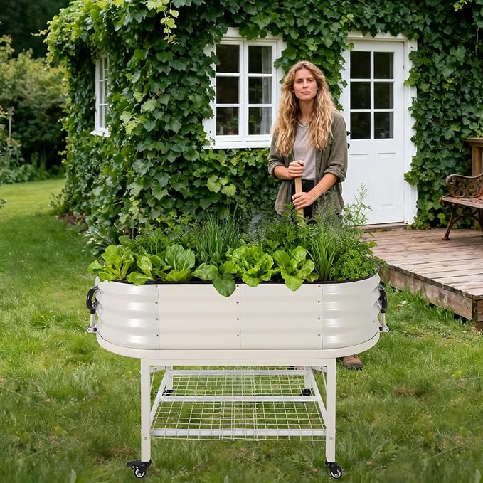 Oval Galvanized Raised Garden Bed Kit with Legs & Storage Rack for Patio, Easy Assembly, Thick Metal Outdoor Planter Box for Vegetables, Flowers, Patio Gardening, White