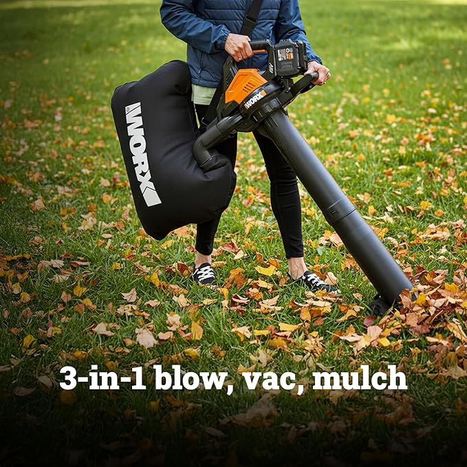 WORX Cordless Leaf Blower, 3 in 1 Blowers for Lawn Care with Leaf Vacuum & Leaf Mulcher, Electric Blower with Brushless Motor & 2 Speed Control, Batteries & Charger Not Included, WG583.9