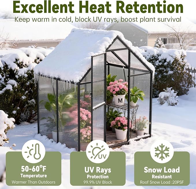 6X4 FT Polycarbonate Greenhouse, Small Walk-in Green House for Outside with Electronic Thermometers, Reinforced Aluminum Frame Greenhouses, Heavy Duty Garden, Patio, Backyard Planting