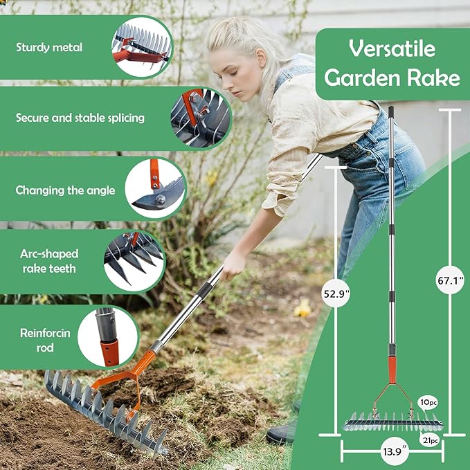 Manual Weed pullerTool,Heavy Duty 12''Flat Shovel, 14''Steel Metal Thatch Rake with Adjustable Long Handle for Leaf & Moss & Edging & Ice & Snow Removal in Lawn,Driveways, Patios, Garden Cracks