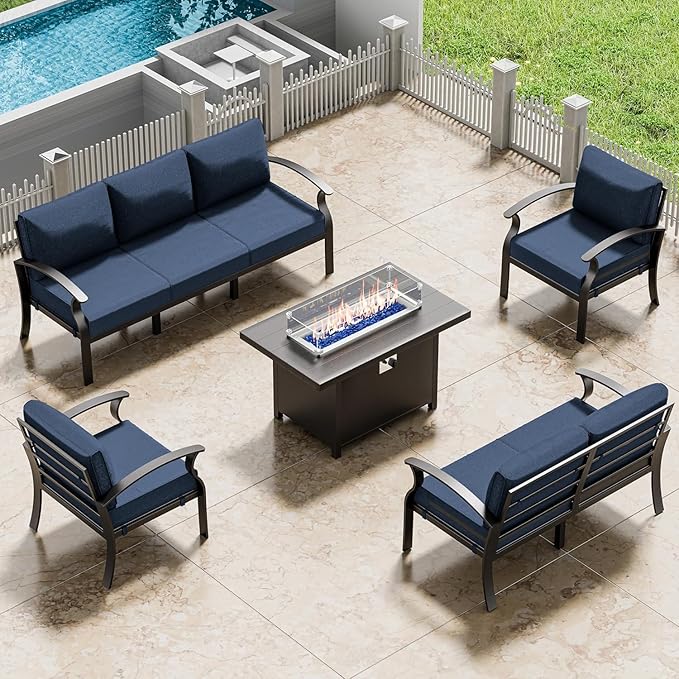 Aluminum Patio Furniture Set with Fire Pit Table, 7 Seats Outdoor Patio Conversation Set Modern Metal Patio Sectional Sofa with Upgrade Cushions for Patio, Backyard (Navy)