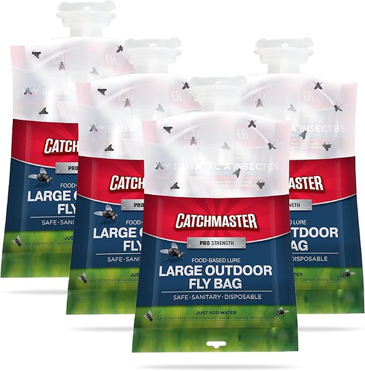 Catchmaster Pro Series Disposable Fly Bag 4-Pack, Hanging Fly Trap Outdoor Home, Bug Catcher and Flying Insect Trap with Premium Food Lure, Pest Control XL Bag for Backyard, Pool, Patio & Camping