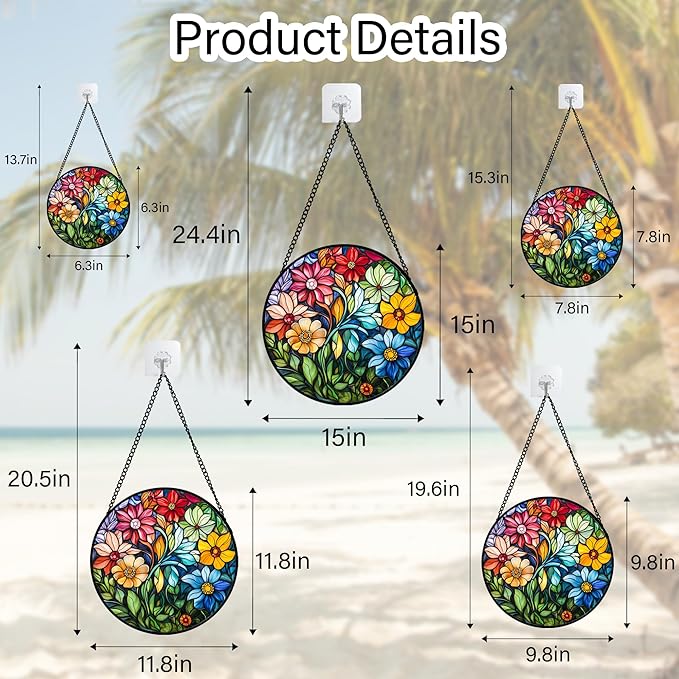QZQCBLC Stained Glass Window Hanging Colorful Flowers and Green Plants 7.8" - Suncatcher Door Garden Sun Catcher Home Decor Birthday Christmas for Mom Men Woman Nana Friend