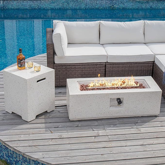 COSIEST 2-Piece Outdoor Propane Fire Pit Table Set w Tank Table, 42" Terrazzo Rectangle Fire Table (Certified, 50,000 BTU) w 16" Tank Cover Side Table, Waterproof Cover for Garden, Pool, Backyard