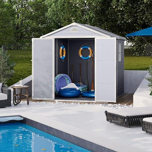 6x8FT Storage Shed Plastic Outdoor Storage Shed Waterproof Container House with Lockable Door and Transparent Window for Garden, Lawn, Backyard