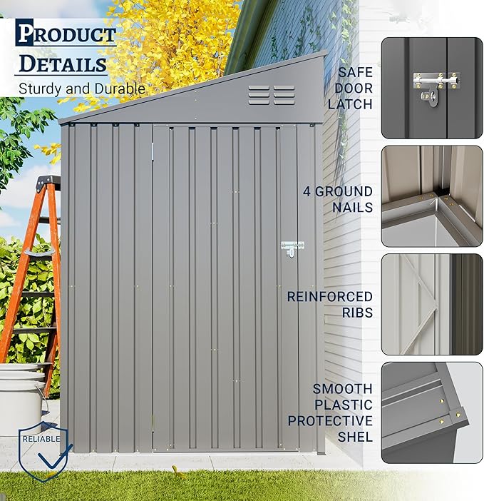 4x7 FT Outdoor Storage Shed Lean to Shed,Metal Shed W/Lockable Door & Air Vent,All Weather Waterproof Garden Tool House W/Reversible Installation,for Backyard,Patio,Lawn,Dark Gray